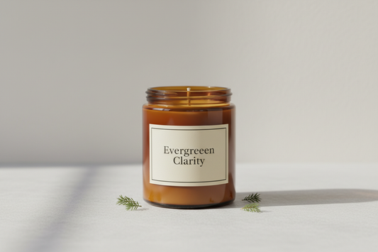 9oz candle in an amber jar called a Evergreen Clarity Soy Blended Candle